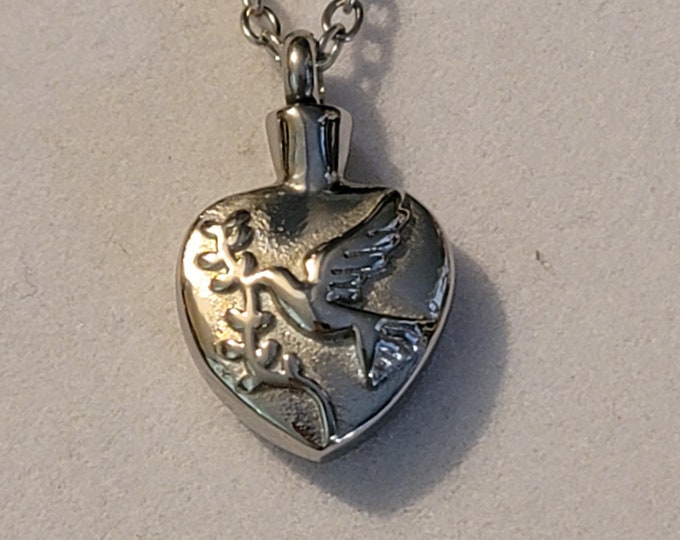 Silver Dove Heart Cremation Urn Necklace - Stainless Steel