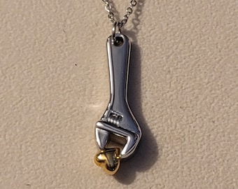 Silver Wrench Cremation Urn Necklace, Gold Heart Memorial Jewelry