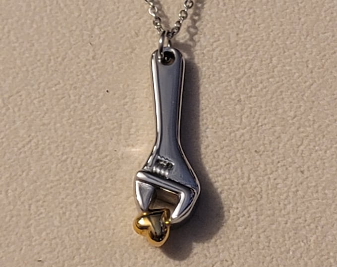 Silver Wrench With Gold Heart Cremation Urn Necklace,  Wrench, Cremation Jewelry, Memorial Jewelry, Urn Jewelry, Cremation Necklace, Urn