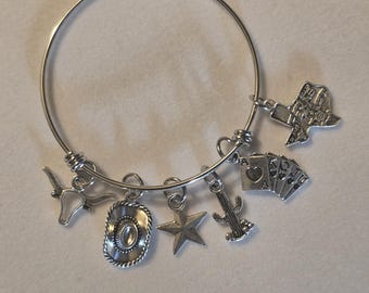 Silver Texas Charm Bangle Bracelet: Stainless Steel with 6 Charms