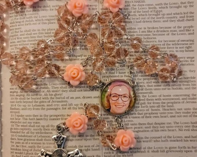Silver with Pink Photo Rosary Beads with Pink Roses, Custom Rosary Beads, Prayer Beads