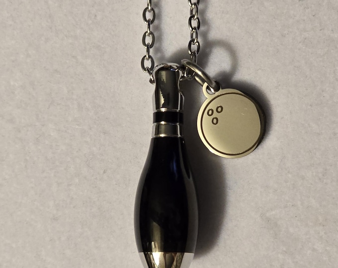 Silver & Black Bowling Pin Stainless Steel Cremation Urn Necklace