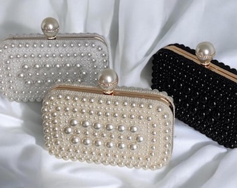 Chunky Pearl Beaded Box Clutch: Bridal Evening Bag with Chain Strap