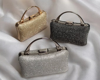 Rhinestone Diamante Chainmail Metal Top Handle Box Clutch Bag - Evening and Wedding Guest Handbag in Black, Silver and Gold