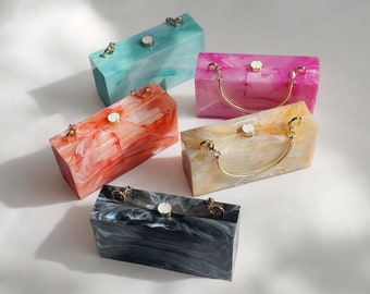 Marble Look Acrylic Box Clutch Bag with Detachable Metallic Handle - Unique Evening and Wedding Guest Handbag