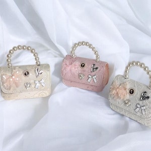 Mini Lace Pearl Top Henkeltasche mit Bogen Verschönerung für Mädchen - Abend Clutch für Kinder in Beige, Rosa, Weiß