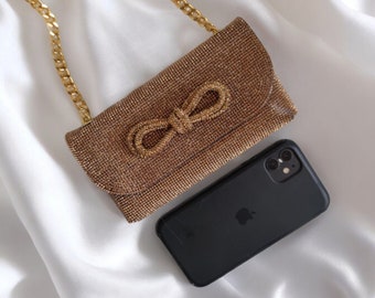 Schoudertas met sprankelende strass telefoonhouder - Zilver en goud Mini Diamante Crossbody Tas - Kristallen bruids- en avondtasje met schattige strik