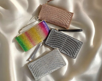 Sparkly Rhinestone Diamante Wristlet Purse in Silver, Black, Rainbow and Bronze - Bridal and Evening Clutch Bag with Cardholder