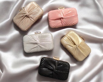 Shimmery Pleated Twist Detail Box Clutch Bag - Compact Evening, Cocktail and Bridal Purse