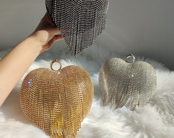 Pochette a forma di cuore con frange di strass e diamanti scintillanti - Borsa da sposa, da ballo e da sera - Argento, oro e nero