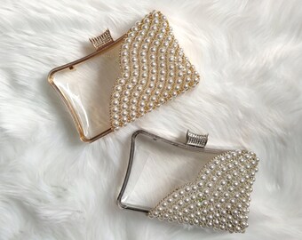 Box-clutch van transparant acryl met details van parels en strass - Unieke bruids- en avondstatement-clutch