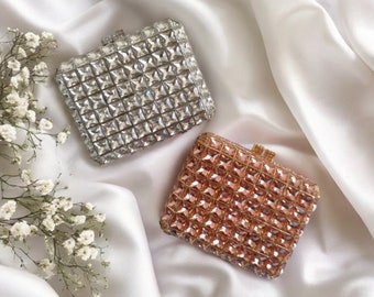 Luxuriöse Mini-Clutch im quadratischen Kastenformat mit Kristallen – Optionen in Champagner und Silber – Handtasche für Braut, Abend und besondere Anlässe