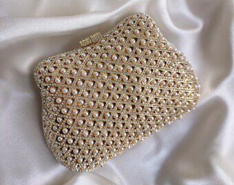 Small Luxury Sparkly Pearl and Rhinestone Mini Box Clutch Bag in Gold - Bridal and Evening Clutch