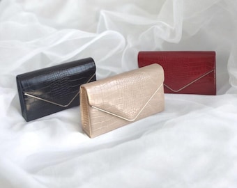 Faux Leather Crocodile Clutch: Metallic Trim Evening Bag