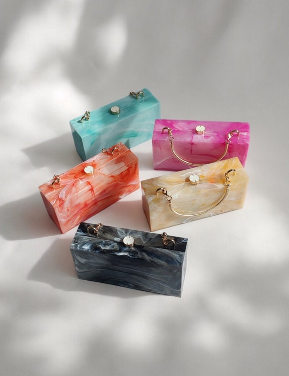 Marble Look Acrylic Box Clutch Bag With Detachable Metallic Handle Unique Evening and Wedding Guest Handbag Etsy