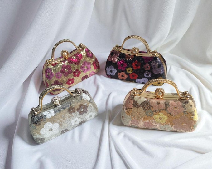 Floral Sequin Box Clutch Bag: Metallic Handle Evening Handbag