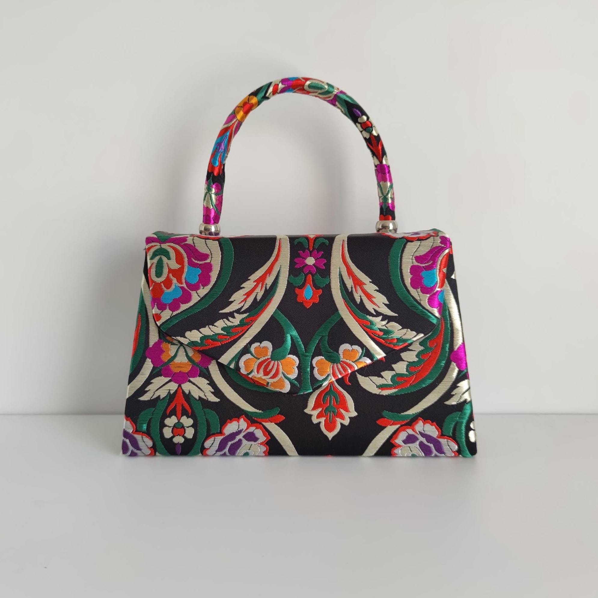 Satin Embroidered Floral Pattern Jacquard Mini Top Handle Bag