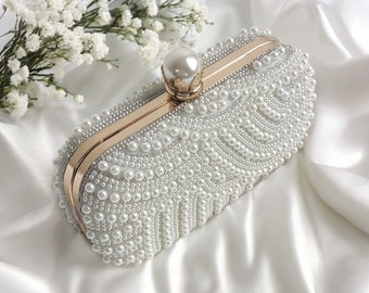 Pearl Beaded Bridal Clutch Bag in Cream, Black and Rose Gold - Unique Wedding and Evening Clutch with Rhinestones and Pearls