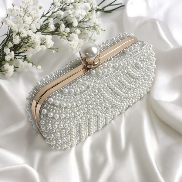 Pearl Beaded Bridal Clutch Bag in Cream, Black and Rose Gold - Unique Wedding and Evening Clutch with Rhinestones and Pearls