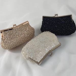 Sequin and Bead Embellished Kisslock Evening Clutch Bag with Detachable Top Handle