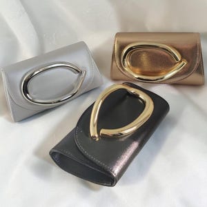 Shiny Faux Leather Envelope Clutch Bag with Front Metallic Handle Detail - Evening Purse