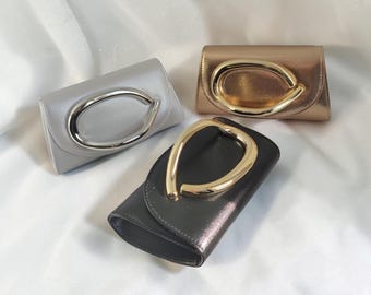 Shiny Faux Leather Envelope Clutch Bag with Front Metallic Handle Detail - Evening Purse