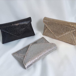 Sparkly Diamante Crystal Embellished Mini Evening Envelope Clutch Bag with Metallic Faux Leather Finish