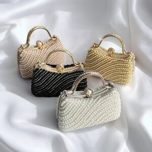 Bolso de mano con asa superior adornado con perlas y diamantes en beige, negro, dorado, azul y oro rosa: bolso de mano para bodas, novias y fiestas