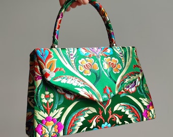 Crocus flower, printed silk pink clutch bag + chain handle