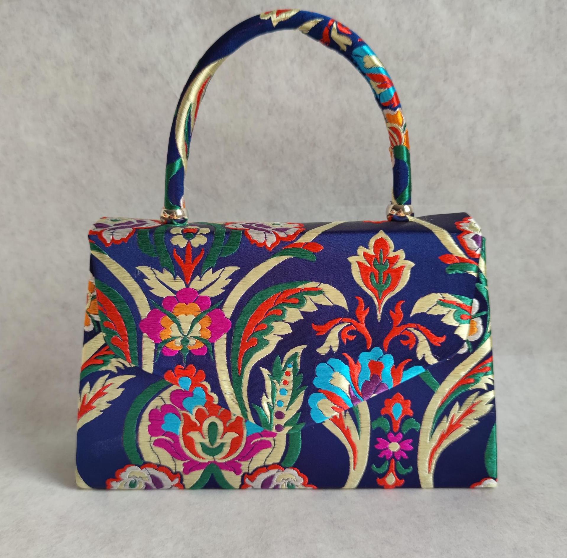 Satin Embroidered Floral Pattern Jacquard Mini Top Handle