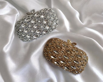 Sparkly Luxury Crystal Rhinestone Box Clutch Bag - Bruids- en avondtasje in zilver en goud - Bladdetailsluiting