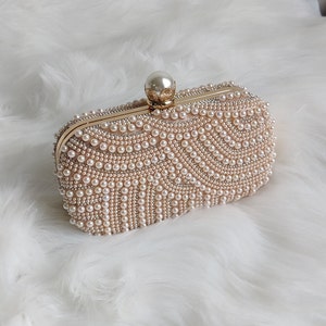 rose gold pearl beaded bridal clutch bag