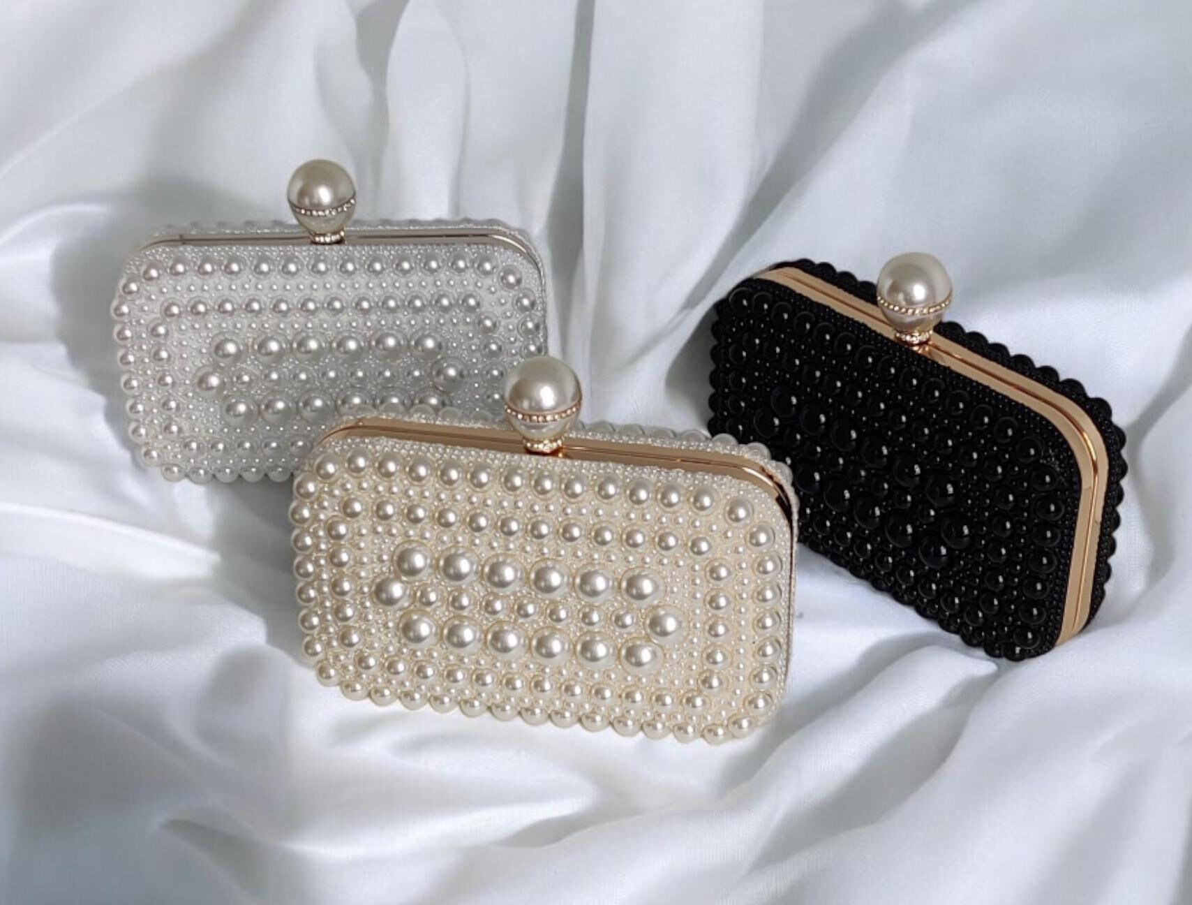 Chunky Pearl Beaded Box Clutch: Bridal Evening Bag With Chain 