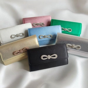 Satin Evening Clutch Bag: Diamante Bow Brooch, Bridal Prom Purse