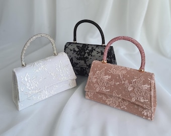 Floral Lace Finish Mini Evening Handbag with Diamante Embellished Top Handle