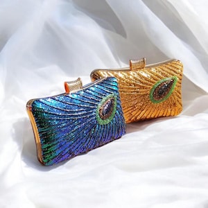 Bolso de embrague de caja compacta dura con cuentas de lentejuelas con patrón de plumas de pavo real - Invitado a la boda, fiesta de graduación, bolso de noche en negro, azul verde azulado, rojo, dorado