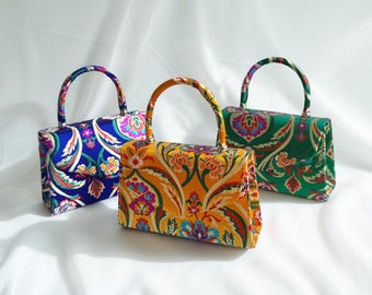 Satin Embroidered Floral Pattern Jacquard Mini Top Handle Bag - Evening Clutch Bag