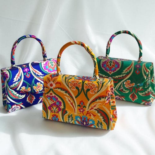 Satin Embroidered Floral Pattern Jacquard Mini Top Handle Bag