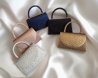 Mini bolso de mano con adornos de diamantes de imitación en negro, marfil, oro rosa y azul marino - Clutch y bolso de hombro para novia y noche