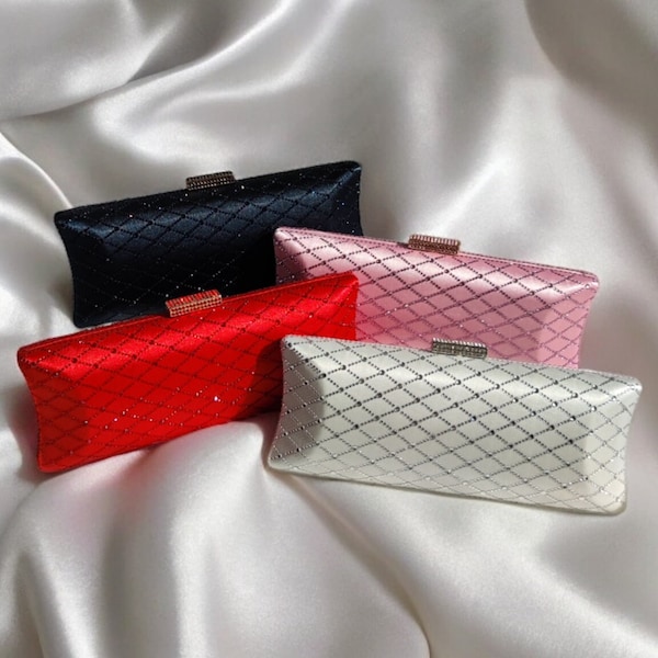 Long Rectangle Box Clutch Bag for Evening Events and Weddings - Sleek Satin and Rhombus Pattern Rhinestone Embellished Clutch