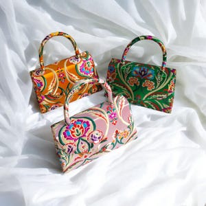 Mini sac à main en jacquard à motif floral brodé en satin - Pochette de soirée