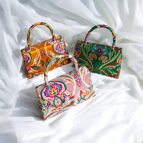 Satin Embroidered Floral Pattern Jacquard Mini Top Handle Bag - Evening Clutch Bag