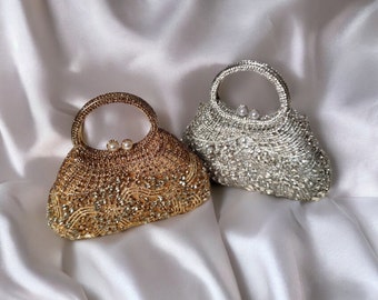 Luxury Shimmering Crystal Rhinestone Vintage Style Handbag - Bridal Box Clutch in Silver and Gold