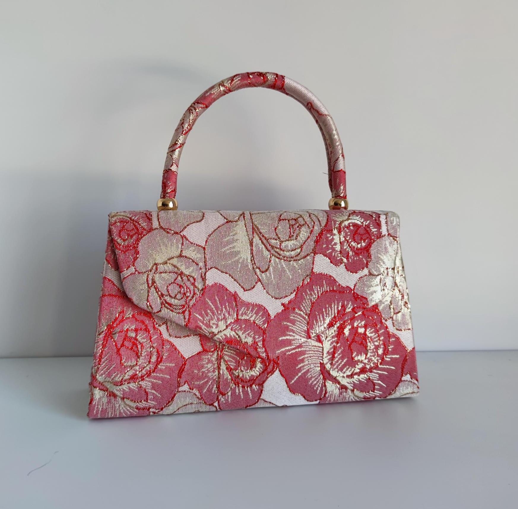 Shimmery Texured Floral Jacquard Print Top Handle Clutch Bag