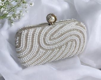 Bridal Faux Pearl Clutch Bag: Diamante Beaded Evening Handbag