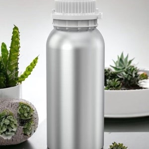 May include: A silver aluminum bottle with a white screw-on lid. The bottle is empty and has a smooth, shiny surface.