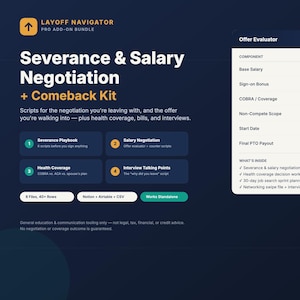Könnte beinhalten: Eine digitale Produktgrafik mit dem Titel Layoff Navigator Pro Add-on Bundle für Abfindungs- und Gehaltsverhandlungen. Sie enthält eine Offer Evaluator-Tabelle mit Spalten für Komponente, Ziel und Status sowie vier nummerierte Module und eine Liste der Dateien.