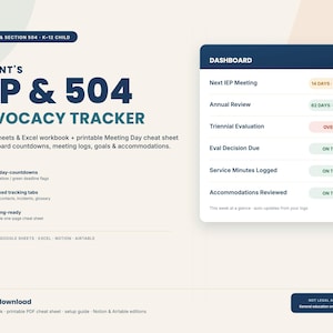 Könnte beinhalten: Eine digitale Parent's IEP & 504 Advocacy Tracker Arbeitsmappe für Google Sheets und Excel. Die Benutzeroberfläche zeigt ein Dashboard mit Countdowns für Meetings und Bewertungen, Tracking-Tabs und ein druckbares Merkblatt für die Interessenvertretung.