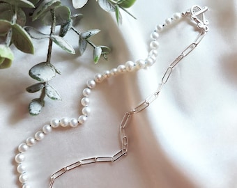 Pearl and Sterling Paperclip Chain Necklace, Freshwater Pearls, Hand-knotted Silk