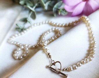 Pearl Necklace, Freshwater Pearls, Hand-knotted Silk, Sterling Heart Clas[